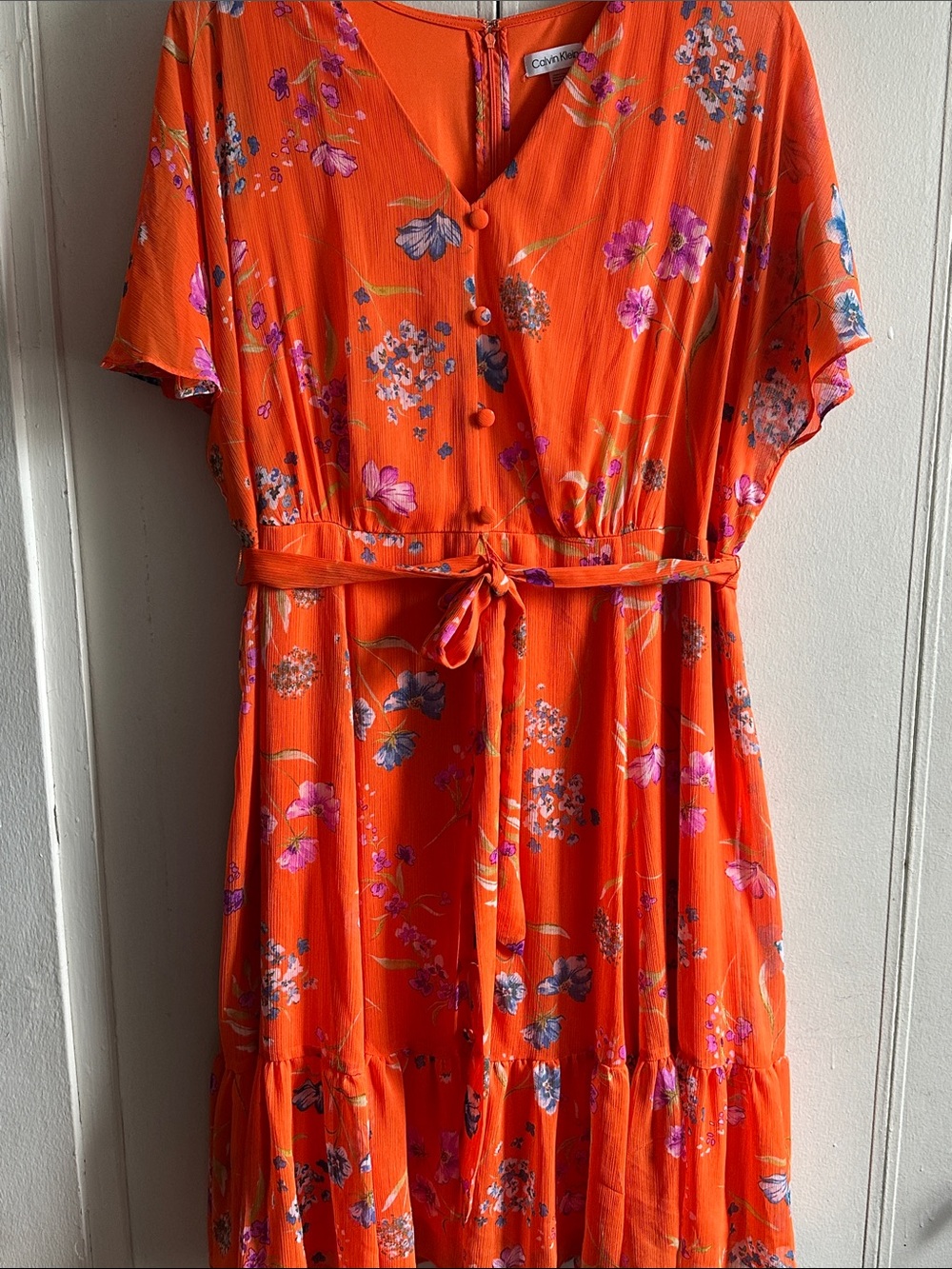Calvin Klein Orange Floral Midi Dress with Tie Waist